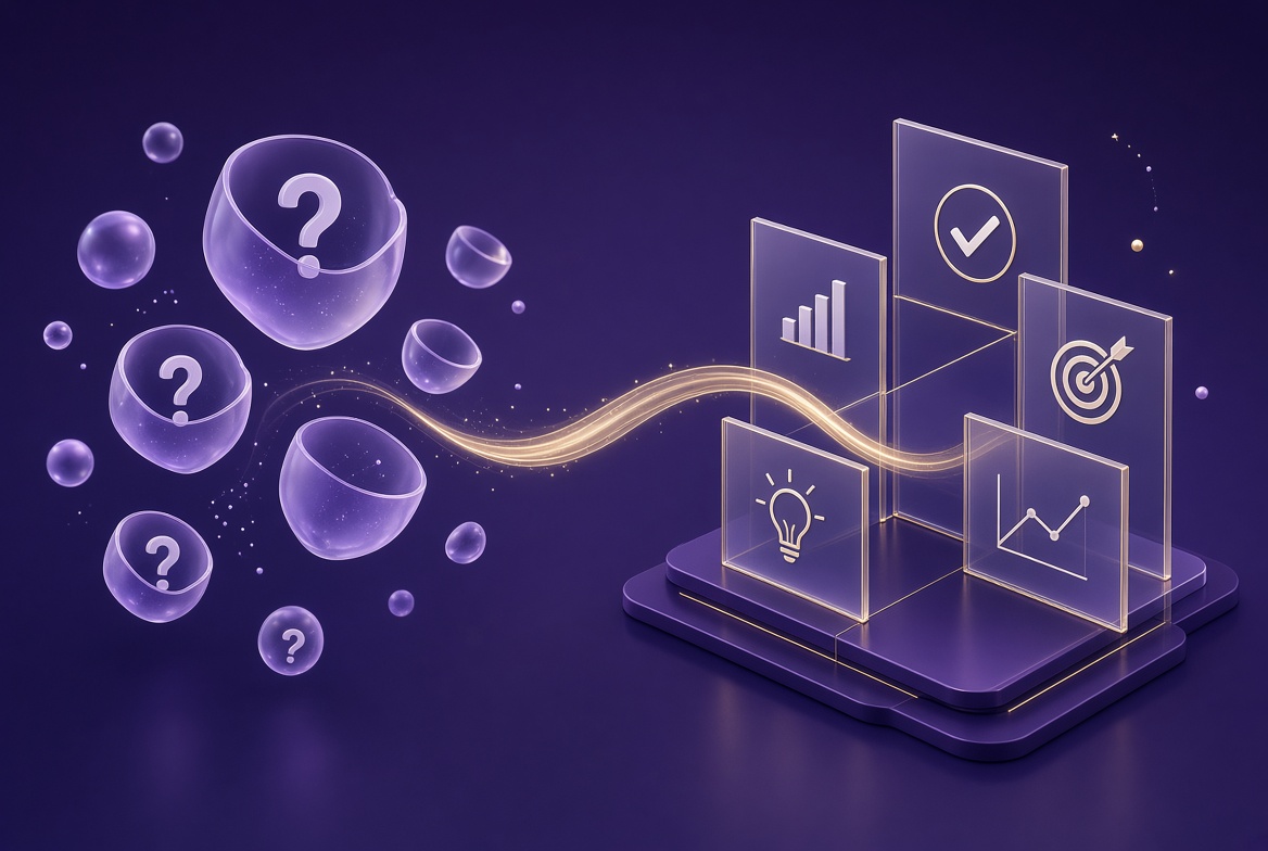 Abstract cards of clear answers opening from quiet questions