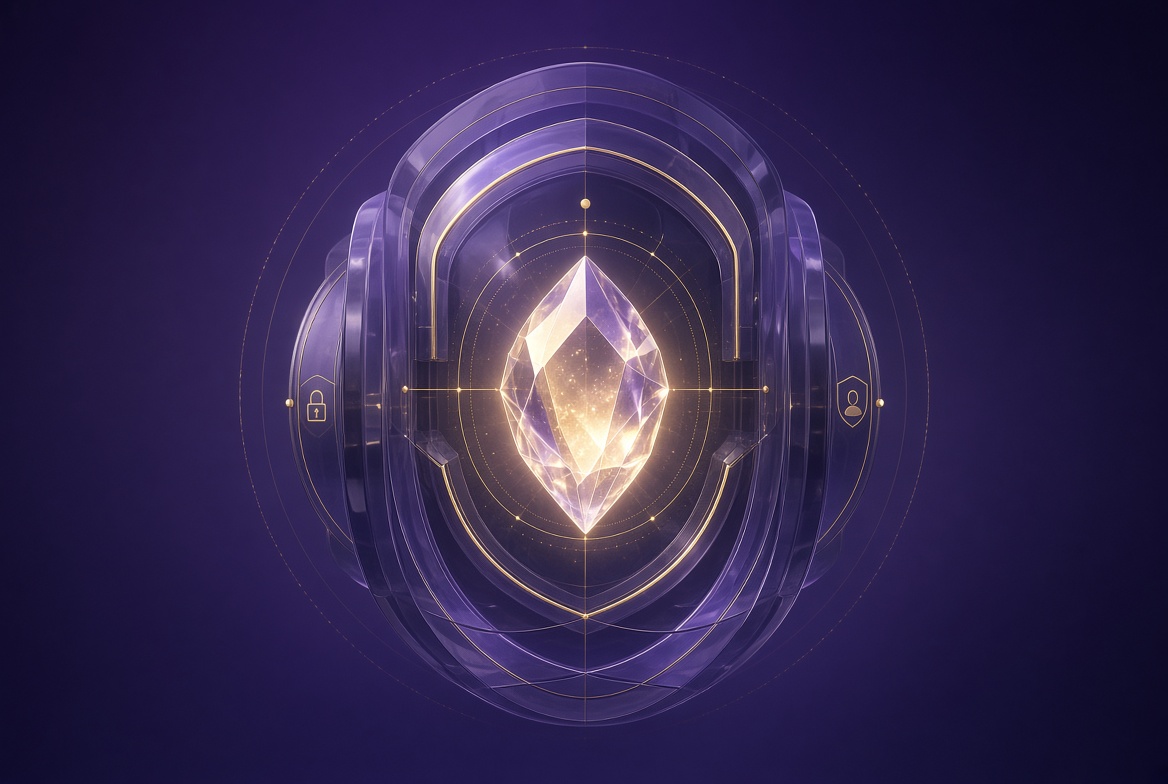 A sealed violet vault with restrained gold light suggesting careful data handling