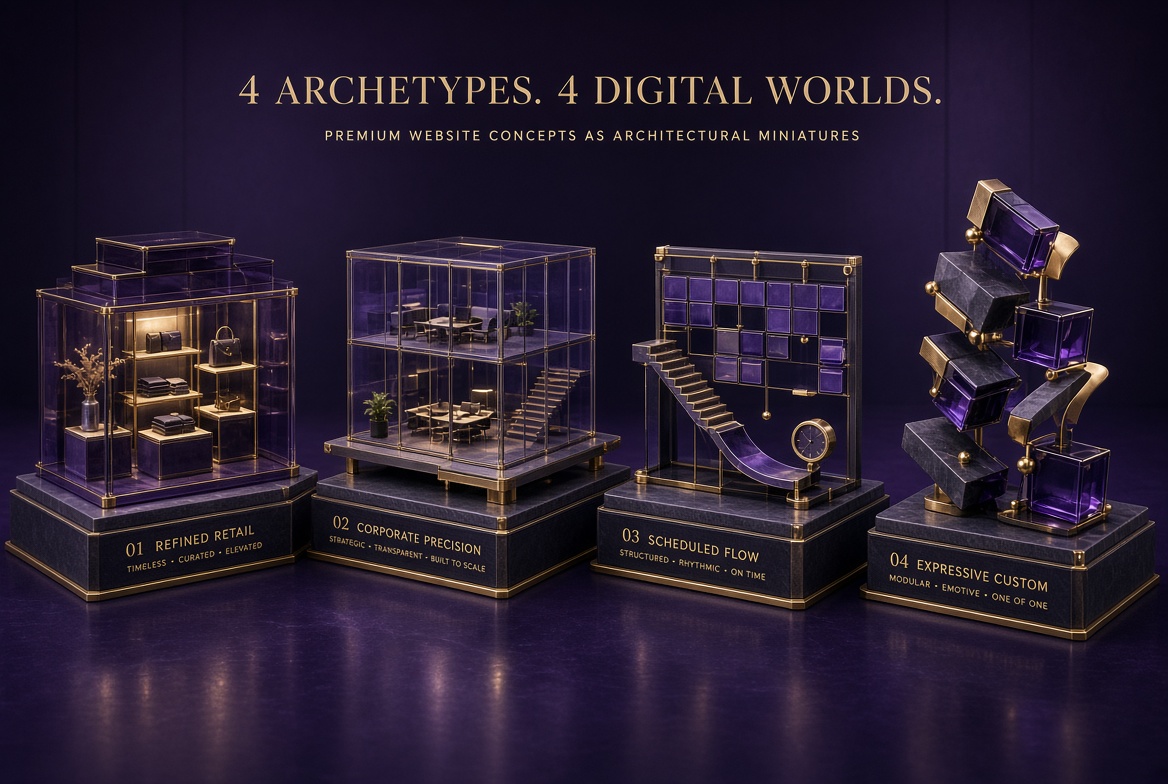 Four website archetypes arranged as elegant violet modules